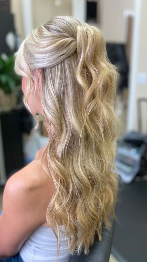 Blonde Hair Fancy Hairstyles, Half You Half Down Hair Prom, Trending Prom Hairstyles, Half Up Half Down Hair Inspo Prom, Glad Up Half Down Prom Hair, Deb Hair Styles, Prom Hair For Blondes, Half Up Pony Wedding Hair, Formal Blonde Hairstyles