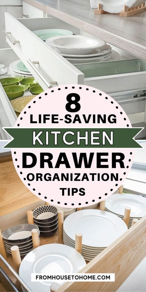 Want to get your kitchen organized without spending a lot of money? Try out these easy DIY kitchen drawer organizer ideas. Dishes Drawer Storage, Diy Dish Rack Cabinets, Deep Kitchen Cabinet Drawer Organization, Kitchen Drawer Organization Plates, Kitchen Draws Ideas Drawers, Organization For Kitchen Drawers, Kitchen Island Organization Drawers, Dish Organizer Ideas, Plate Drawer Organization