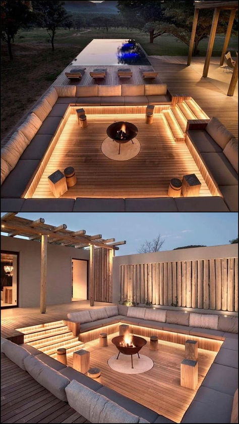 A sunken outdoor lounge with built-in seating around a fire pit, surrounded by ambient lighting and wooden accents. An infinity pool with scenic views completes the luxurious outdoor setting. Vintage Apartment Decor, Sunken Fire Pits, Modern Outdoor Living, Pink Bathroom Decor, Vintage Apartment, Classy Decor, Small Outdoor Spaces, Backyard Living, Small Backyard Pools