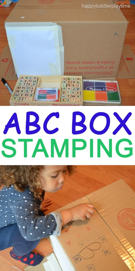 ABC Box Stamping - HAPPY TODDLER PLAYTIME Alphabet Activities For Toddlers, Block Center Preschool, April Lesson Plans, Pre-k Writing, Creative Curriculum Preschool, Letter Recognition Activities, Sensory Items, Motor Coordination, Happy Toddler