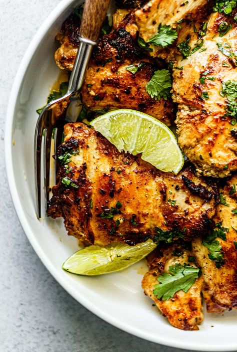 Carnivore Dishes, Cilantro Lime Chicken Thighs, Lime Chicken Thighs, Cilantro Lime Marinade, Sharing Plates, Healthy Chicken Thigh Recipes, Clean Eating Chicken, Yummy Dishes, Grilled Chicken Thighs