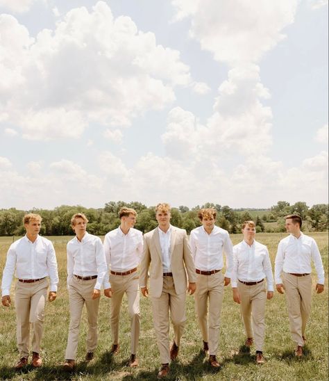 Groom In Khaki Pants, Khaki Suit Men Outfit Wedding, Tan Suit Groomsmen Groom Attire, Oatmeal Suit Wedding, Family Of Bride And Groom Attire, Sand Colored Groomsmen, Groomsmen Attire Neutral, Groomsmen Beige Pants, Groomsmen Attire Tan Pants