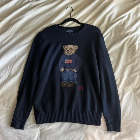 Polo Ralph Lauren navy blue teddy bear sweater!! So... - Depop Tommy Hilfiger Bear Sweater, Polo Teddy Bear Sweater, Polo Ralph Lauren Jumper, Ralph Lauren Teddy Bear Sweater Outfit, Ralph Lauren Sweater Bear, Ralph Lauren Teddy Bear Sweater, Ralph Lauren Navy Sweater, Ralph Lauren Bear Sweater, Ralph Lauren Sweater Outfit