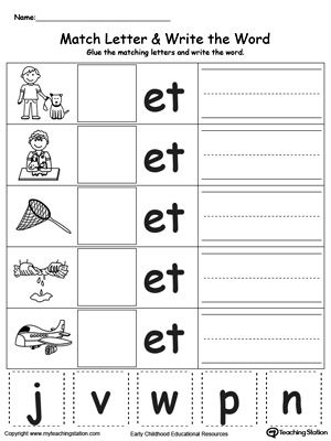 **FREE** ET Word Family Match Letter and Write the Word Worksheet. Topics: Writing, Phonics, Reading, Building Words, and Word Families. #MyTeachingStation Reading Preschool, Word Families Printables, Kindergarten Word Families, Color Worksheet, Cvc Words Worksheets, Word Family Activities, 3 Letter Words, Write The Word, Reading Phonics