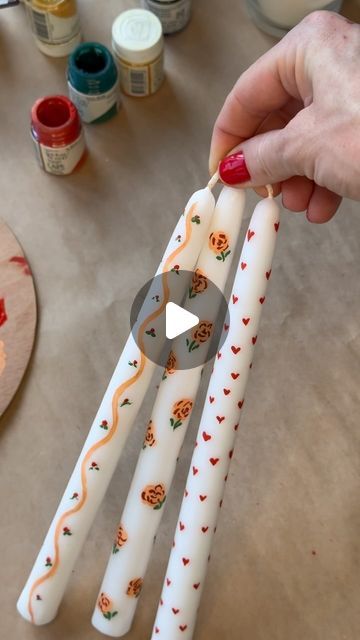 Gamze Sankaya on Instagram: "DIY If you’re looking for a simple craft project, this is the one! All you need are some taper candles & acrylic paint 🎨 🕯️ #candle #painting #candlepainting #diy #diyproject #craft #craftideas #handpainted" Painted Taper Candles Diy, Christmas Candles Painting, Painted Candlesticks Diy, Diy Taper Candles, Painted Taper Candles, Candle Painting, Candle Designs, Diy Candle Sticks, Painted Candlesticks