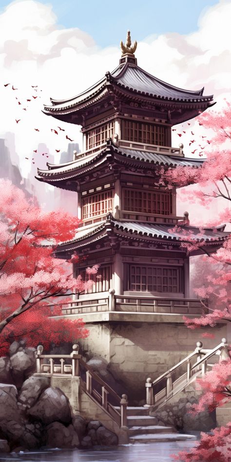 Japanese Temple Art, Japanese Architecture Drawings, Japan Background, Temple Japanese, Japanese Exterior, Chinese Temples, Asian Temple, Fantasy Japan, Japanese Temples