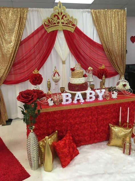 Royal Rose Baby Shower | CatchMyParty.com Royal Baby Shower Boy, Royalty Baby Shower, Red Baby Shower, Baby Shower Party Themes, Babyshower Party, Royal Baby Showers, Gold Decorations, Prince Baby Shower, Gold Baby Shower