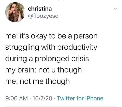 Me: it's okay to be a person struggling with productivity during a prolonged crisis My brain: not u though Me: not me though Funny quotes and memes 🤪 Existential Crisis Quotes, Existential Quotes, Crisis Quotes, Studying Memes, Being Productive, Dear Self, You Are Important, Pinterest Memes, Silly Jokes