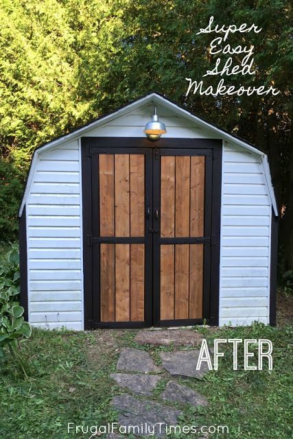 From f'ugly to farmhouse shed makeover on a budget! The projects at our mobile home makeover continue - this time we redo our bizarre shed by giving it new paint and a natural wood look on the doors with an affordable barn style light. A pretty cheap transformation! #howto #diy #shed #outdoorproject #makeover #farmhouse #cottage #cabin Old Shed Makeover, Farmhouse Shed, Farmhouse Sheds, Shed Makeover, Mobile Home Makeover, Easy Home Improvement Projects, Baby Barn, Shed Colours, Shed Doors