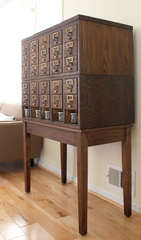 Vintage library card catalog makeover. {This cabinet makes the perfect craft storage solution!} Library Card Catalog Cabinet, Refinish Wood Furniture, Card Catalog Cabinet, Library Cabinet, Craft Storage Cabinets, Library Card Catalog, Craft Storage Solutions, Staining Furniture, Deco Studio