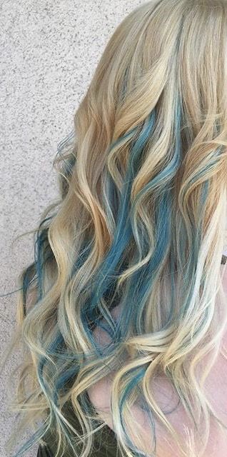 Blonde Over Blue Hair, Color Hair Highlights Blonde, Silver Hair With Color Highlights, Blonde With Mint Highlights, Lagoona Blue Hair Dye, Lagoona Blue Hairstyle, Honey Blonde Hair With Blue Highlights, Blue Hair On Blond Hair, Blue Hair Color Ideas For Blondes