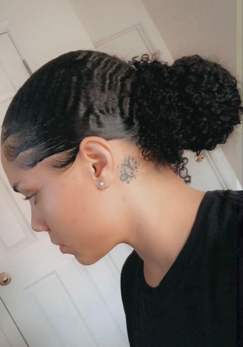 Curly Bun Slick Back, Slick Bun On Curly Hair, Slick Curly Bun, Slick Back Edges, Side Part Slick Back Bun Curly Hair, Slick Back Curly Bun, Edges Curly Hair, Curly Hair Slick Bun, Edges Natural Hair