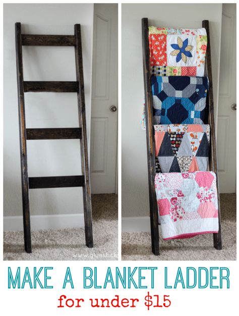 Make a beautiful wooden blanket ladder for under $15. It's an easy one day project that will allow you to display beautiful quilts or blankets in the open and make them easily accessible. Noah Bradley, Kids Woodworking Projects, Wooden Blanket Ladder, Blanket Ladders, Quilt Ladder, Blanket Rack, Diy Blanket Ladder, Quilt Display, Wood Projects For Kids