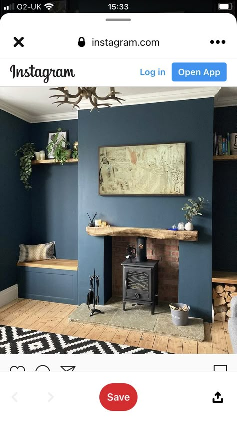 Teal Snug Room, Colour Lounge Ideas, Alcove Styling Ideas, Dark Teal Feature Wall Living Room, Alcove Colour Ideas, Front Room Color Ideas, Dark Teal Fireplace, Teal Fireplace Wall, Snug Lounge Ideas