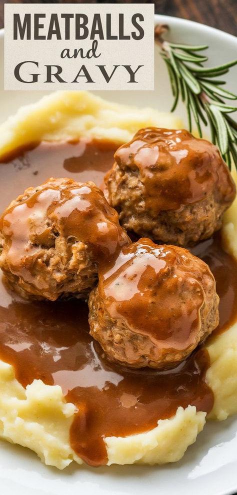 Easy, hearty, and comforting! These Meatballs and Gravy are smothered in a luscious sauce that pairs perfectly with mashed potatoes, noodles, or your favorite side. Meatball And Gravy Recipes, Homemade Meatballs And Gravy, Meatballs Over Mashed Potatoes, Meatballs And Gravy Recipe, Juicy Meatballs, Meatballs And Gravy, Meatball Bake, With Mashed Potatoes, Homemade Meatballs