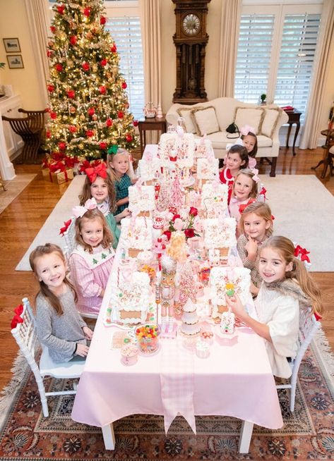 Gingerbread House Decorating Party Christmas Tea Party, Gingerbread House Parties, Gingerbread Party, Cookie Decorating Party, Winter Tea, Girls Tea Party, Gingerbread House Decorations, Kids Christmas Party, Christmas Birthday Party