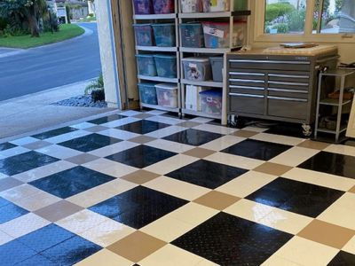 Painted Garage Floor Ideas, Tiled Garage Floor, Garage Floor Ideas Tiles, Garage Floor Tiles Design, Best Garage Floor Paint, Garage Floor Ideas, Garage Flooring Ideas, Garage Tiles, Garage Floor Finishes