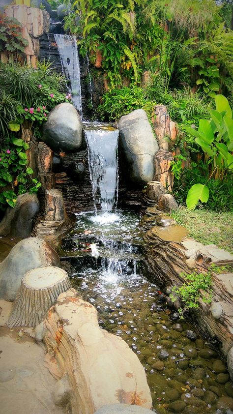 Artificial waterfall Artificial Waterfall Landscape, Waterfall Bird Bath, Artificial Waterfall In Home, Artificial Waterfall Design, Zen Waterfall, Big Greenhouse, Thailand Waterfall, Artificial Waterfall, Vertical Garden Design