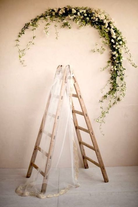 Use a vintage ladder as wedding decor and as the place to hang your wedding veil. Love the oversized greenery wreath. Ladder Wedding Decor, Ladder Wedding, Home Studio Photography, Photoshoot Backdrops, Vintage Ladder, Wedding Arches, Wedding Decor Ideas, Decor Studio, Flower Installation