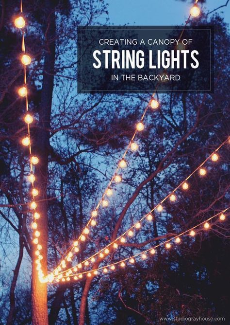 A gorgeous backyard setting is easy to achieve with a few string lights. Create your own string light canopy for a dreamy effect, perfect for dinner parties or just hanging out. Backyard String Lights, Backyard Canopy, Backyard Lighting, Backyard Inspiration, Deck Lighting, Backyard Living, Dream Backyard, Patio Lighting, Backyard Projects