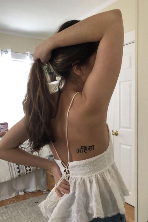 Ahimsa Tattoo Sanskrit, Sanskrit Word Tattoo, Sanskrit Tattoo Women, Compassion Tattoo, Quotes And Meanings, Ahimsa Tattoo, Sanskrit Tattoo Ideas, Tattoo Sanskrit, Sanskrit Tattoos