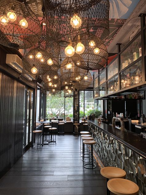 japanese restaurant interior, cage chandelier, giant bulb chandelier, big bulb chandeliers, wooden bar stools, japanese bar interior, japanese izakaya interior, japanese restaurants on the gold coast, gold coast restautants, izakaya, japanese izakaya Australia Travel Guide, Japanese Restaurant, Gold Coast, Australia Travel, View Photos, Australia, Restaurant, Hotel, Gold