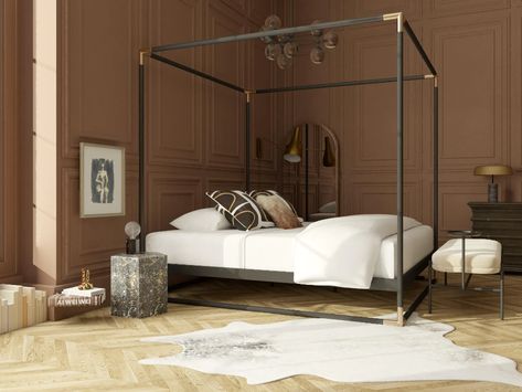 Striking Modern Bedroom In Refined Earth Tones | Modern-Style Bedroom Design Ideas Industrial Glam Bedroom, Industrial Glam Living Room, Dark Bohemian Bedroom, Modern Industrial Glam, Industrial Glam Decor, Minimal Bed Frame, Modern Industrial Bedroom, Night Stand Decor, Glam Bedrooms