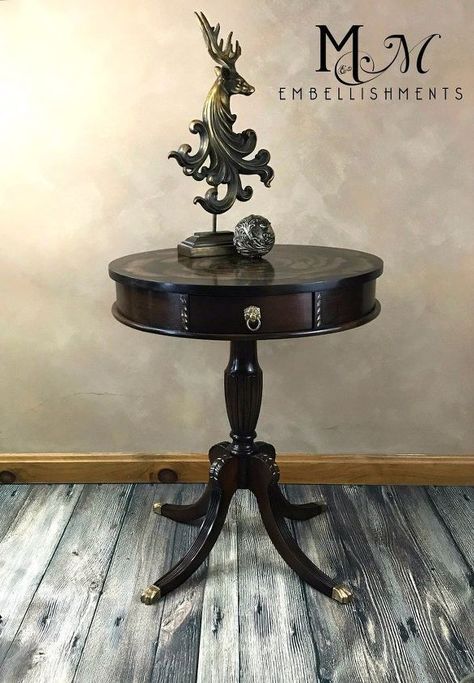 Repurposed Antiques, Stain Furniture, Upcycle Chair, End Table Makeover, Side Table Makeover, Duncan Phyfe, Staining Furniture, Drum Table, Furniture Rehab