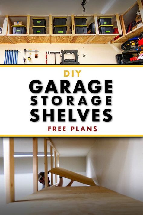 Cheap Garage Storage, Diy Garage Storage Shelves, Diy Overhead Garage Storage, Storage Shelves Diy, Garage Ceiling Storage, Garage Storage Inspiration, Diy Storage Shelves, Garage Organizing, Overhead Garage Storage