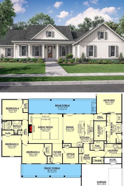 You can now imagine living in a rustic luxury setting with this one-story modern farmhouse house plan with double garage. Preview: elegant white shiplap modern farmhouse exterior with day lighting. Tap on through to see this over 2500 sq.ft. 4 bedroom floor plan blueprint. Buy gorgeous farmhouse house plans at https://www.architecturaldesigns.com/house-plans/one-story-4-bed-modern-farmhouse-plan-with-home-office-51841hz Modern Farmhouse One Story House Plans, Farmhouse Floorplan One Story, 4 Bed House Plans One Story, 4 Bedroom House Plans With Garage, Modern Farmhouse Floorplan Single Story, 2023 House Plans, 2600 Sq Ft House Plans Open, One Story 4 Bedroom House Plans, 4 Bedroom Modern Farmhouse Plans