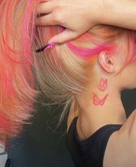 Pink Tattoo Ink, Butterfly Neck Tattoo, Waterfall Braid Hairstyle, Flat Twist Hairstyles, Pink Tattoo, Pretty Hand Tattoos, Tattoo Butterfly, Tattoos For Black Skin, Medium Length Hair With Layers