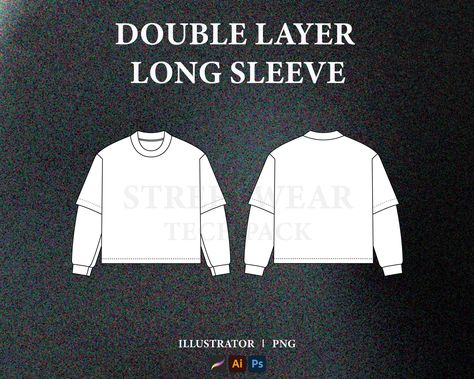 Streetwear Double Layer Long sleeve T-Shirt vector mockups with front and back views, easy to edit and customize. This model allows designers to easily present their own designs, patterns, or logos on the T-Shirt, creating a professional and realistic presentation. Vector formats can be scaled and edited without losing quality. Whether used for fashion design, showcasing products, or creating marketing materials, this vector model serves as a versatile tool for designers to bring their ideas to Double Layered Shirt, Long Sleeve Mockup, Layered Long Sleeve T Shirt, Clothing Branding Design, Graphic Design Clothing, Tech Pack, Layered Long Sleeve, Hoodie Mockup, Streetwear Tshirt