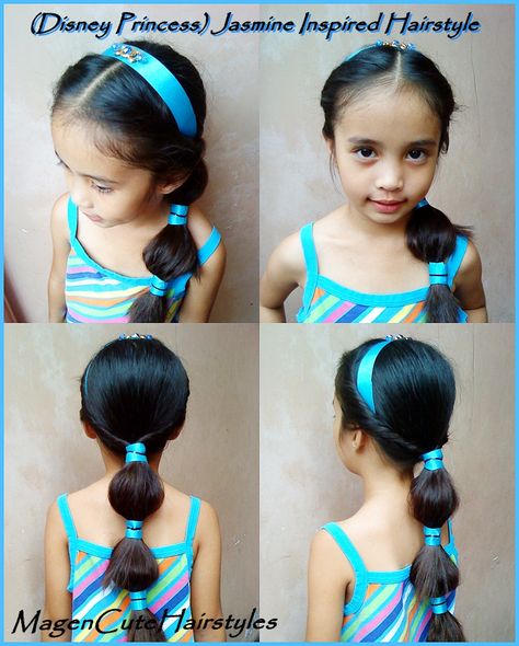 Jasmine Inspired Hairstyle:D Princess Jasmine Hairstyle, Jasmine Hairstyle, Jasmine Costume Kids, Princess Jasmine Hair, Jasmine Makeup, Egyptian Hairstyles, Jasmine Party, Jasmine Hair, Princess Jasmine Costume