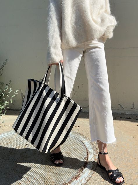 Shopping Toy striped canvas tote curated on LTK Canvas Tote Bag Outfit, Tote Bag Outfit, Transitional Outfits, Spring Stripes, Bag Outfit, Transition Outfits, White Tote, Fall Fits, Outfits Spring