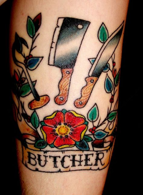 Butcher Tattoo, Tattoos Anchor, Anchor Flower, Male Design, Chef Tattoo, Shin Tattoo, Food Tattoos, Knife Tattoo, Art Male