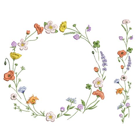 Floral Embroidery Border, Wildflower Embroidery, Cute Flower Drawing, Floral Machine Embroidery Designs, Bird Wreath, Embroidery Border, Flower Machine Embroidery Designs, Wildflower Wreath, Clover Flower