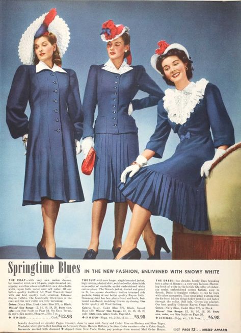 40s vintage clothing ad showing patriotic prints 1940s Catalog, 1940's Dresses, Vintage Outfits 40s, Vintage Outfits 50s, 1940s Women, 1940s Outfits, 1940's Fashion, Americana Vintage, Fashion 1940s