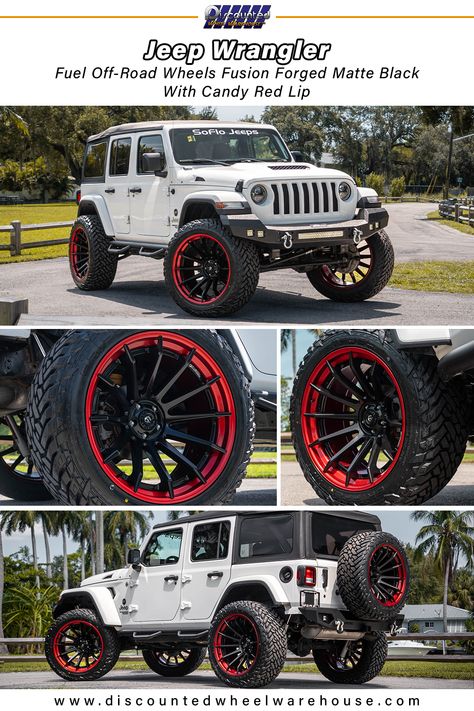 Check Out This Jeep Wrangler Sitting on Fuel Off-Road Wheels Fusion Forged Matte Black With Candy Red Lip. Visit Discounted Wheel Warehouse online or in-store for best prices on wheels. NO CREDIT CHECK financing options. Free shipping. Free mount & balance on all wheel & tire packages. #discountedwheelwarehouse #customwheels #customrims #rimshop #tireshop #freeshipping #aftermarketwheels #fitmentonpoint #jeepwrangler #fueloffroadwheels #matteblack #candyred #wheels #tires #rims #jeep Jeep Wheels And Tires, Jeep Wrangler Tires, Jeep Wrangler Wheels, Red Jeep Wrangler, Jeep Rims, White Jeep Wrangler, Jeep Wheels, White Jeep, Red Jeep