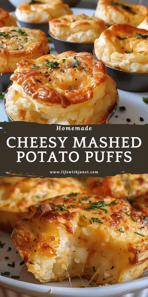 Cheesy Mashed Potato Puffs Breakfast Vegetarian Ideas, Mashed Potato Breakfast Ideas, Meal Ideas With Potatoes, Decadent Side Dishes, Mash Potato Appetizer, Mashed Potatoes Dinner Meals Meat, Mashed Potato Cupcakes, Mash Potato Muffins, Potato Recipes With Cheese