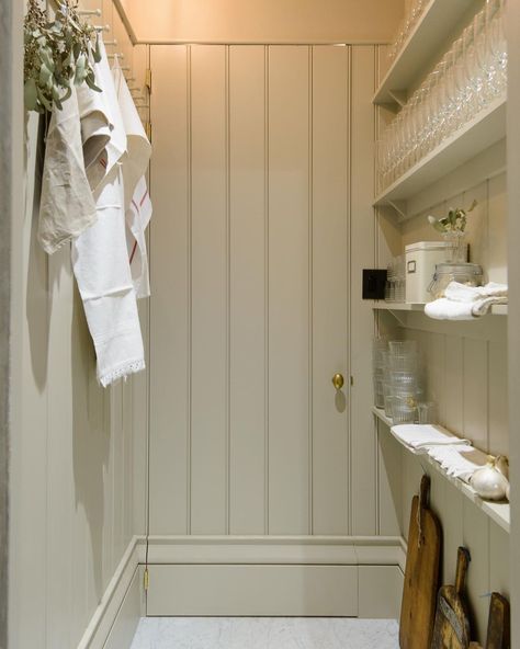 deVOL Kitchens on Instagram: “A few shelves, a humble peg rail and some tongue and groove panelling - that's all you need to totally transform an awkward little nook or…” Hidden Beadboard Door, V Groove Cabinets, Paneling Door, Peg Rail, Hidden Doors, Tongue And Groove Panelling, Pantry Room, Narrow Rooms, Devol Kitchens