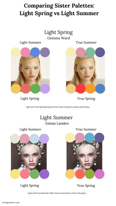 Light Spring vs Light Summer: Comparing Sister Seasons | The Aligned Lover Light Spring Vs Light Summer, Light Summer Celebrities, Light Spring Color Palette, Light Summer Color Palette, Cool Summer Palette, Light Spring Colors, Summer Eyes, True Spring, Summer Palette