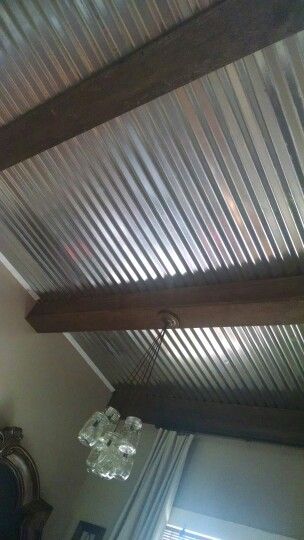 Tin Vaulted Ceiling, Tin Basement Ceiling, Black Tin Ceiling, Galvanized Tin Ceiling, Corrugated Metal Ceiling, Addition Project, Tin Ceilings, Mason Jar Light, Hot Tub Room