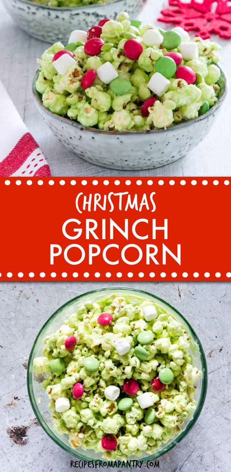 Grinch Popcorn makes the perfect sweet and salty holiday treat! The grinch popcorn bucket is green, loaded with candy and marshmallows. Learning how to make grinch popcorn is easy and is a great recipe for kids. This grinch popcorn mix can be made into grinch popcorn balls too. Get the tasty and fun Grinch Popcorn recipe! #grinchpopcorn #candymeltpopcorn #christmasrecipes #ediblegift Grinch Popcorn Balls, Popcorn Recipes Christmas, The Grinch Movie Night Food Ideas, Grinch Theme Movie Night, Green Popcorn How To Make, Grinch Night Ideas, Grinch Treats For Kids, Grinch Treats Christmas, Grinch Inspired Food