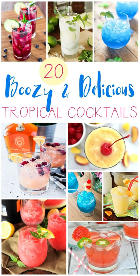 A collection of 20 boozy and delicious tropical cocktail recipes that are perfect for warmer months. These drinks will make you feel like you're on vacation! Mixed Cocktail Recipes, Cute Summer Cocktails, Yummy Cocktail Recipes, Fun Mixed Drinks Alcohol, Best Party Drinks, Refreshing Alcoholic Drinks, Drinks Alcohol Recipes Party, Cocktail Party Recipes, Tropical Cocktail Recipes