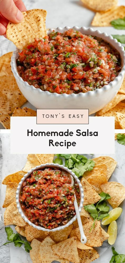 Tony's ridiculously easy homemade salsa recipe using fresh tomatoes with a kick of heat from jalapeño. This homemade salsa is bursting with flavor and comes together right in your blender or food processor! Make it chunky or smooth and serve it with chips, on nachos, in burritos and more. #salsa #vegan #vegetarian #healthyappetizer #healthysnack Homemade Chunky Salsa, Fresh Salsa Recipe Homemade, Easy Homemade Salsa Recipe, Using Fresh Tomatoes, Tailgate Ideas, Easy Homemade Salsa, Fresh Salsa Recipe, Easy Salsa Recipe, Fresh Tomato Recipes