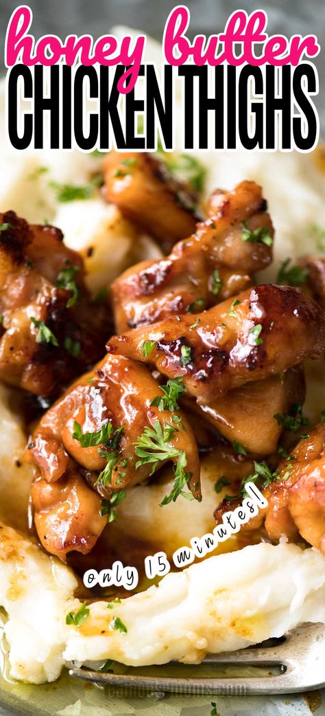 Chicken thighs in honey butter sauce on a bed of mashed potatoes Favorite Chicken Recipes, Baked Honey Garlic Chicken, Best Chicken Thigh Recipe, Honey Butter Chicken, Eat More Chicken, Kitchen Staples, Favorite Recipes Chicken, Chicken Drumstick Recipes, Drumstick Recipes