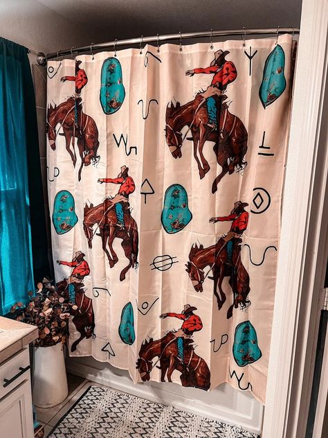 Turquoise Cowboy Shower Curtain Cowgirl Shower Curtain, Small Western Bathroom Ideas, Western Farmhouse Bedroom, Western Bathroom Ideas, Western Home Decor Ranch Style, Western House Decor, Western House Ideas, Cowboy Curtains, Western Boho Bathroom