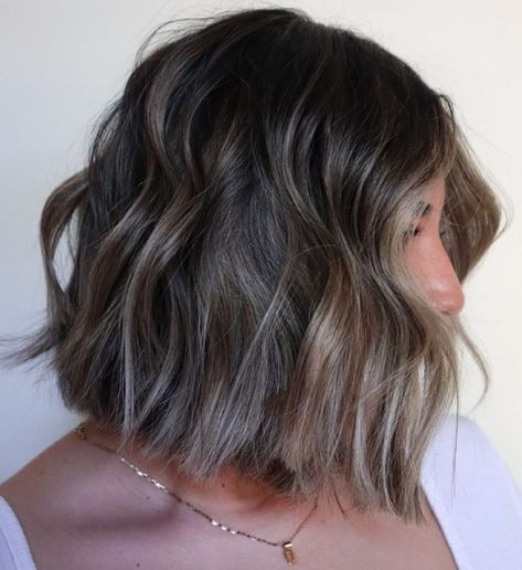 Brown Bob With Balayage, Short Cool Tone Brown Hair, Mushroom Brown Hair Color Balayage Short, Ashy Brown Bob, Balayage For Dark Brown Hair Ashy, Short Mushroom Brown Hair, Mushroom Brown Hair Color Short, Dark Bob With Highlights, Short Bob Hair Color Ideas