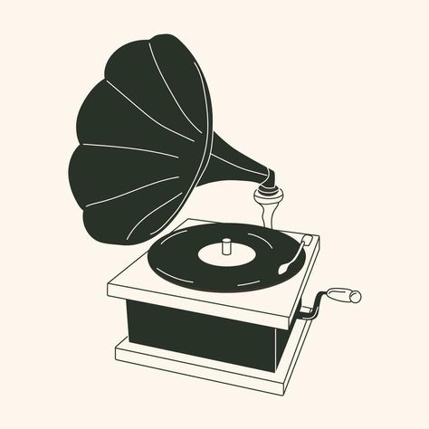 Black and white Cartoon Retro Gramophone record player drawing. Cute vector illustration of vintage music equipment. Records Drawing, Gramophone Drawing, Record Cartoon, Gramophone Illustration, Record Player Drawing, Diya Paintings, Vinyl Drawing, Record Illustration, Record Drawing