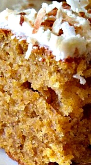 Pumpkin Cake with Toasted Coconut Frosting ❊ Pumpkin Coconut Cake, Coconut Poke Cakes, Pumpkin Coconut, Maple Frosting, Coconut Cake Recipe, Pumpkin Cake Recipes, Coconut Frosting, Coconut Pecan, Autumn Recipes